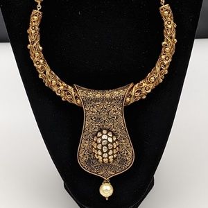 Ethnic Ornately Carved floral motifs and studded stone Choker Necklace Earrings